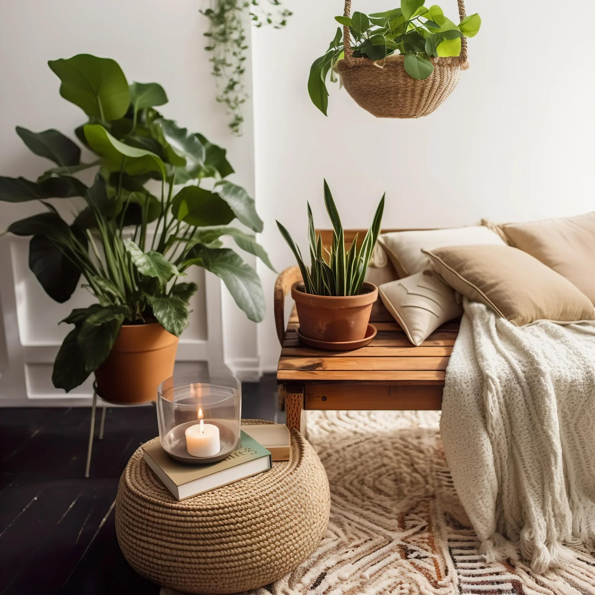 A living room with plants and candles on the table